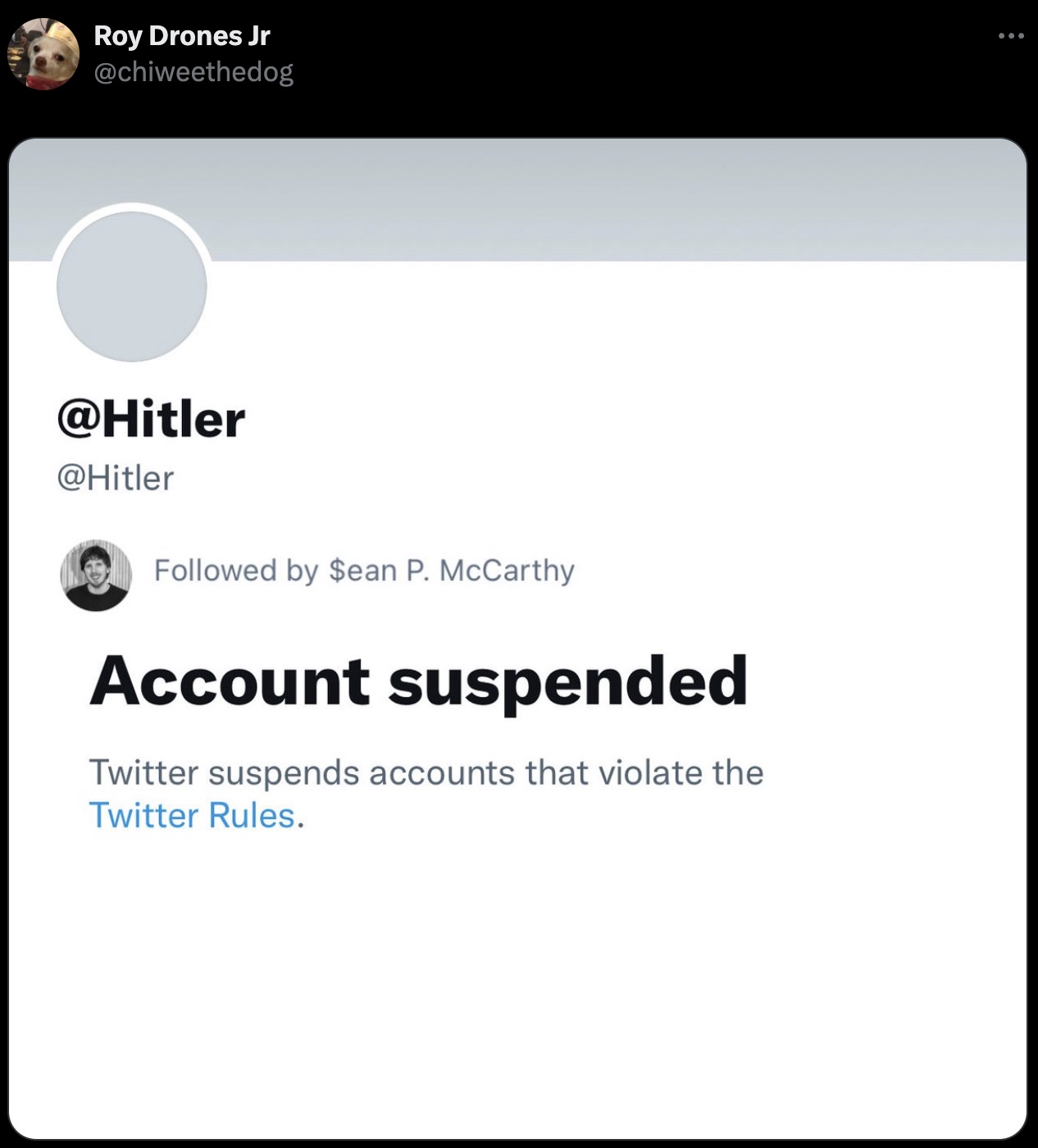 screenshot - Roy Drones Jr ed by $ean P. McCarthy Account suspended Twitter suspends accounts that violate the Twitter Rules. ...